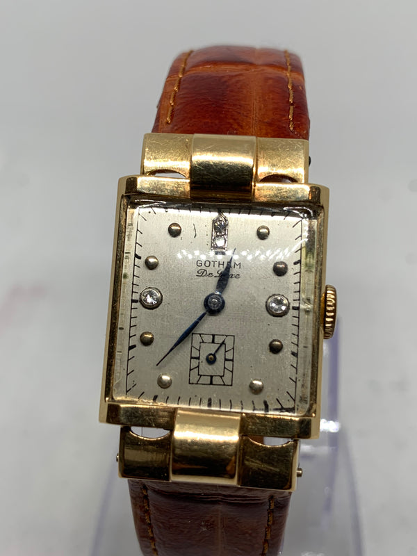 Gotham Deluxe Vintage 14k Solid Gold Watch with Diamonds 17 jewel