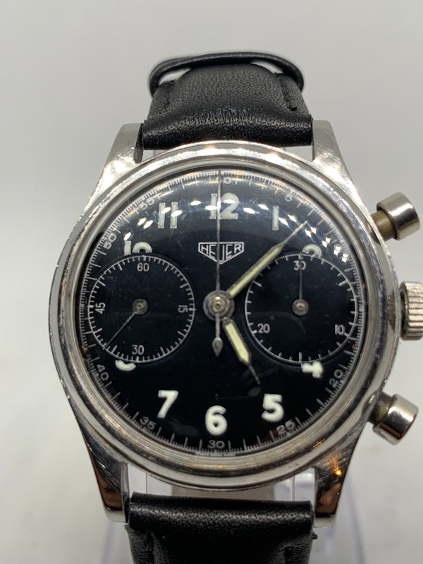 Heuer Vintage Chronograph Big Eyes Black Glossy Dial Valjoux 23 from 50s