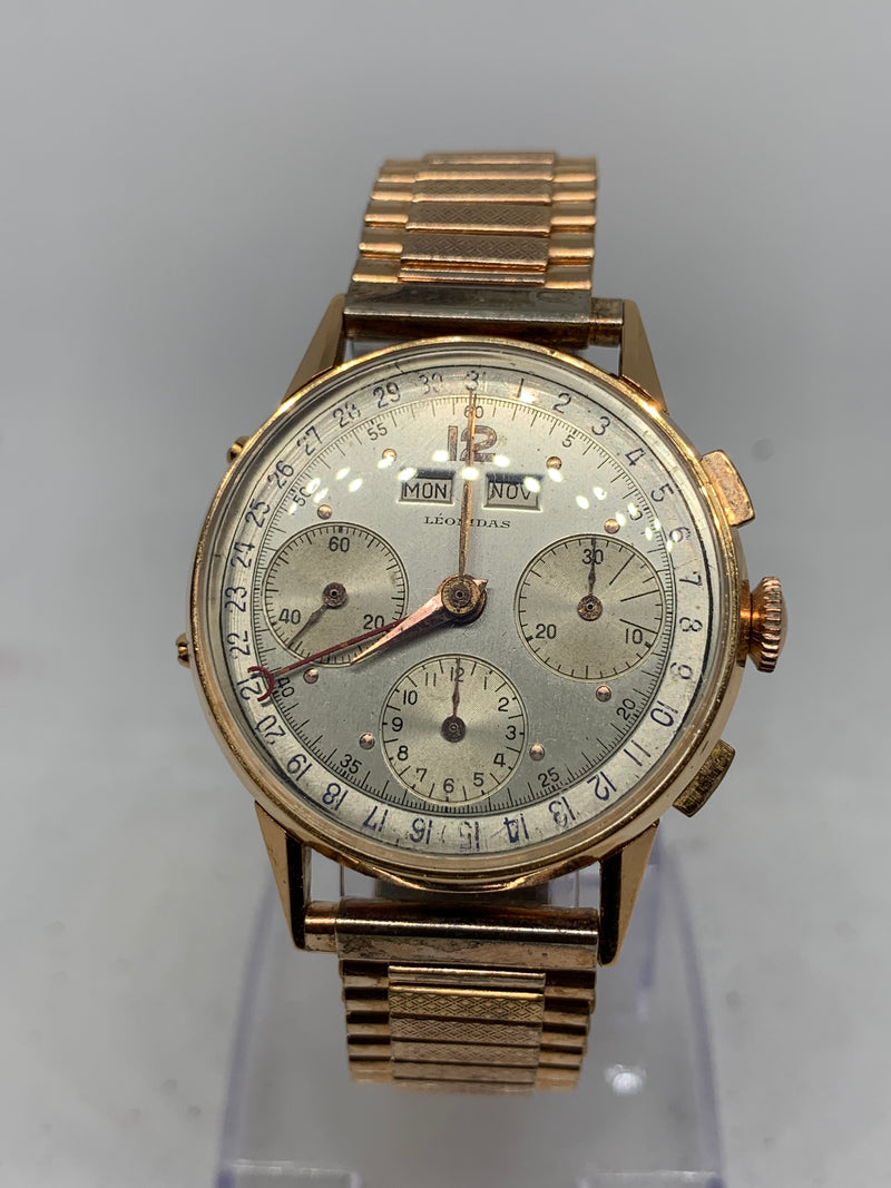 Heuer LEONIDAS VINTAGE CHRONOGRAPH TRIPLE DATE Solid 18K PINK GOLD 36MM VALJOUX 72 C Exlnt