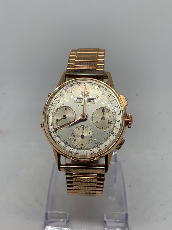 Heuer LEONIDAS VINTAGE CHRONOGRAPH TRIPLE DATE Solid 18K PINK GOLD 36MM VALJOUX 72 C Exlnt