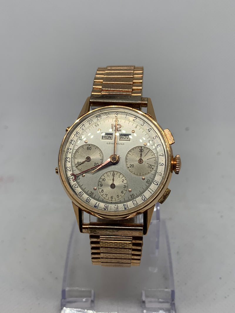 Heuer LEONIDAS VINTAGE CHRONOGRAPH TRIPLE DATE Solid 18K PINK GOLD 36MM VALJOUX 72 C Exlnt