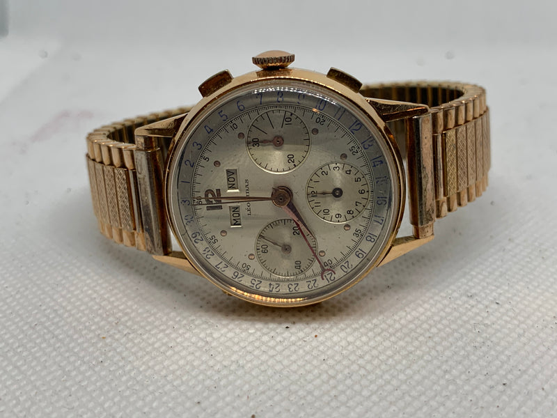 Heuer LEONIDAS VINTAGE CHRONOGRAPH TRIPLE DATE Solid 18K PINK GOLD 36MM VALJOUX 72 C Exlnt