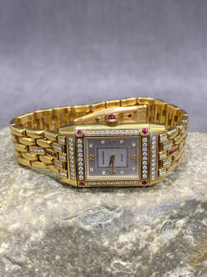 Jaeger-LeCoultre Reverso 18k Solid Gold Rectangular Reverso 2ct Diamond Rubies Bracelet Manual Winding Watch
