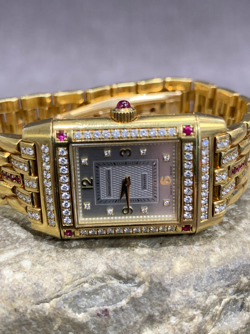 Jaeger-LeCoultre Reverso 18k Solid Gold Rectangular Reverso 2ct Diamond Rubies Bracelet Manual Winding Watch