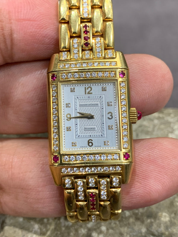 Jaeger-LeCoultre Reverso 18k Solid Gold Rectangular Reverso 2ct Diamond Rubies Bracelet Manual Winding Watch