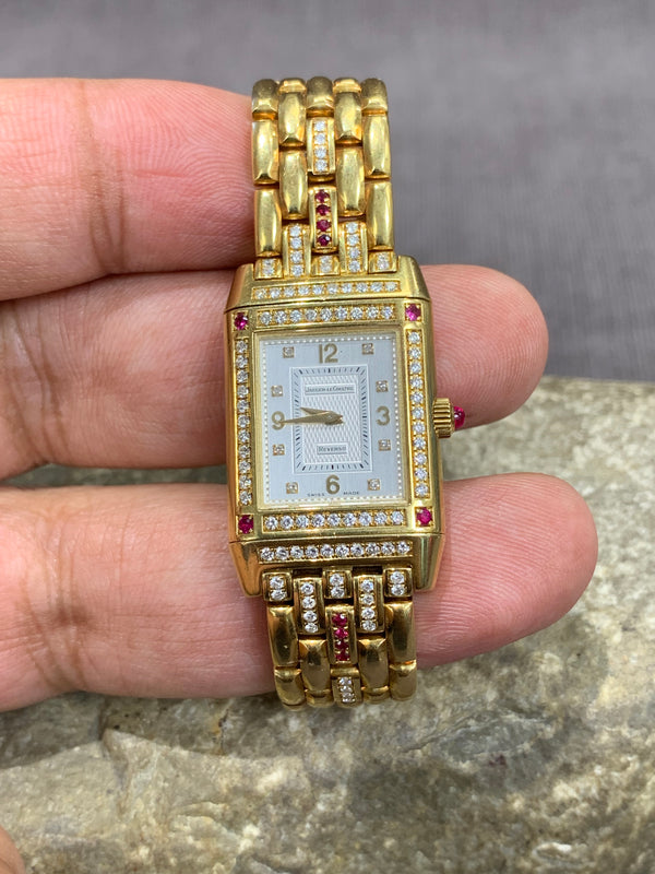 Jaeger-LeCoultre Reverso 18k Solid Gold Rectangular Reverso 2ct Diamond Rubies Bracelet Manual Winding Watch