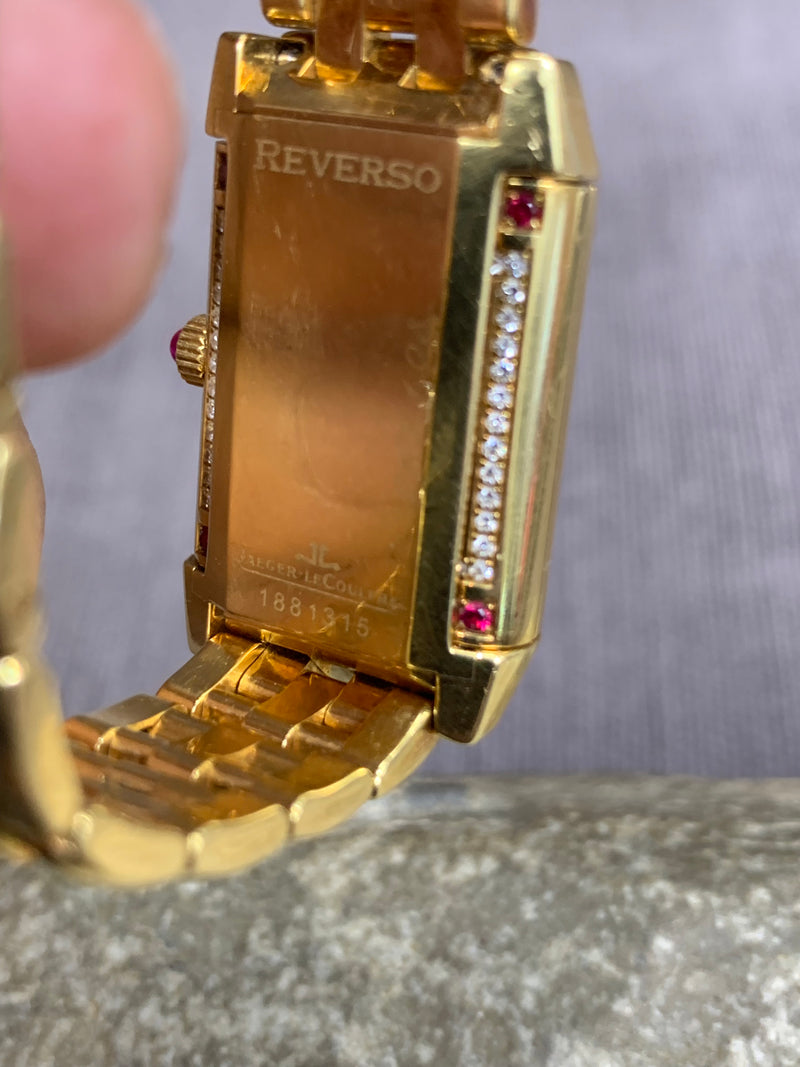 Jaeger-LeCoultre Reverso 18k Solid Gold Rectangular Reverso 2ct Diamond Rubies Bracelet Manual Winding Watch