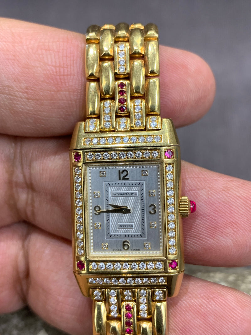 Jaeger-LeCoultre Reverso 18k Solid Gold Rectangular Reverso 2ct Diamond Rubies Bracelet Manual Winding Watch