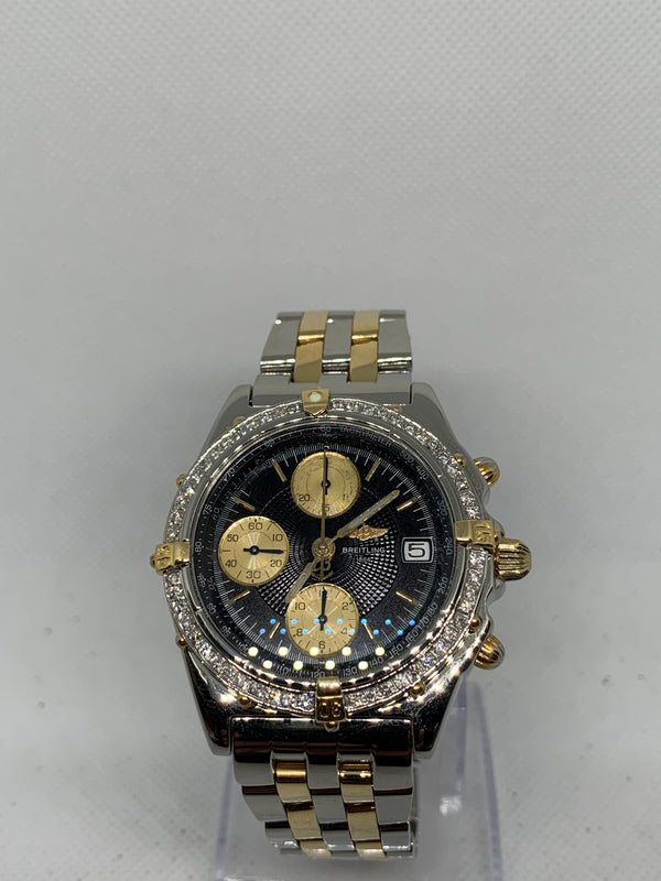 Breitling Chronomat Balack Dial 39MM Steel & 18K Yellow Gold B13050.1 Diamond Bezel