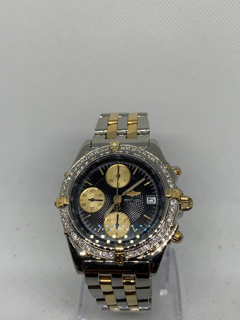 Breitling Chronomat Balack Dial 39MM Steel & 18K Yellow Gold B13050.1 Diamond Bezel
