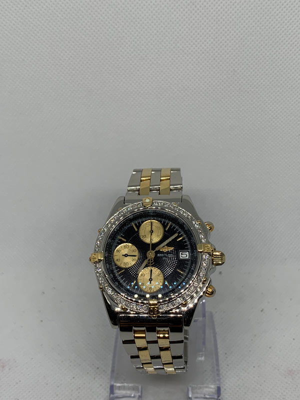 Breitling Chronomat Balack Dial 39MM Steel & 18K Yellow Gold B13050.1 Diamond Bezel