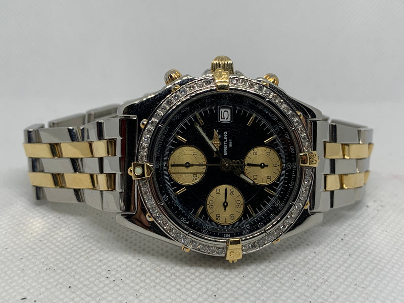 Breitling Chronomat Balack Dial 39MM Steel & 18K Yellow Gold B13050.1 Diamond Bezel