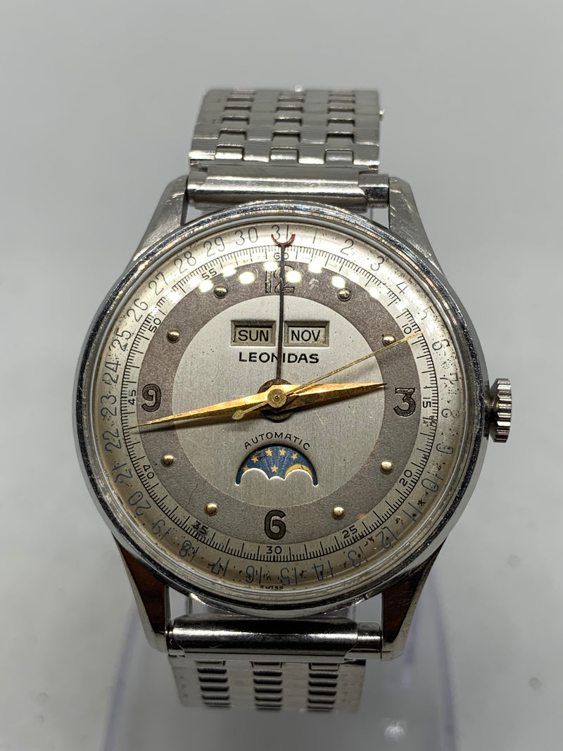 Leonidas By Heuer Triple Date Moon Phase 35 mm CIRCA 1950 Steel