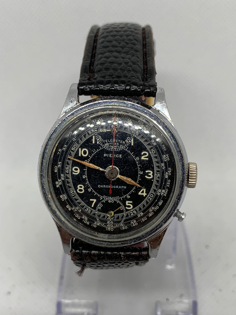 Pierce 1940s Swiss Military Vision Monopusher Chronograph Mens Watch Wristwatch