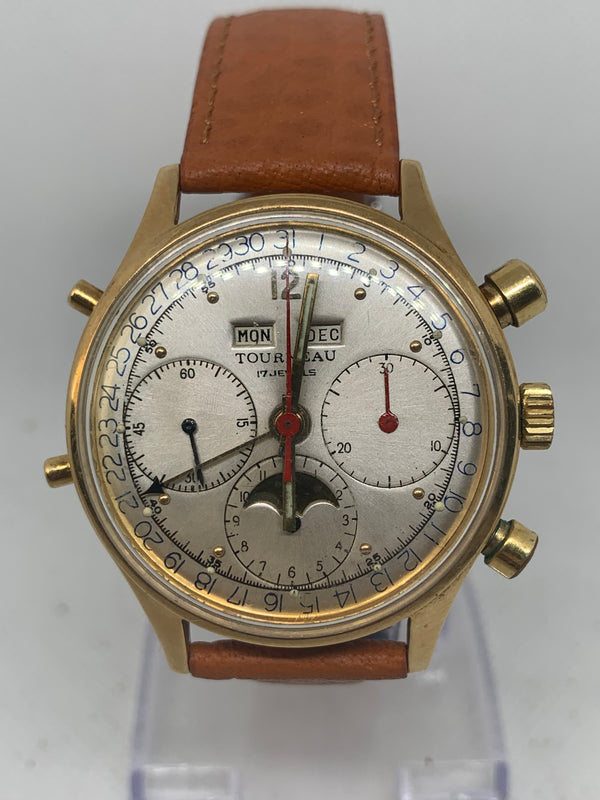 Tourneau Datofix Chronograph Triple Calendar Moonphase Ref386 Solid Gold14k Valjoux 88 38mm 1950s