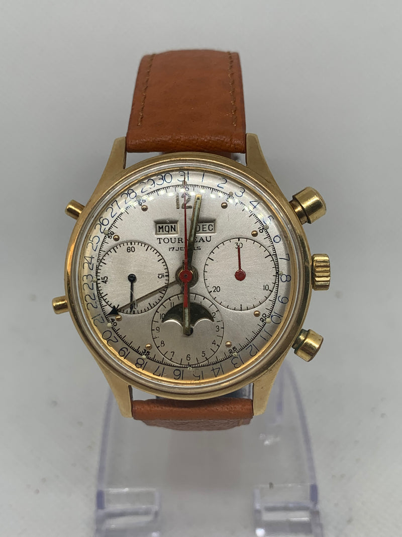 Tourneau Datofix Chronograph Triple Calendar Moonphase Ref386 Solid Gold14k Valjoux 88 38mm 1950s