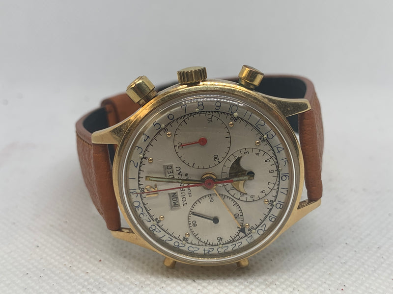 Tourneau Datofix Chronograph Triple Calendar Moonphase Ref386 Solid Gold14k Valjoux 88 38mm 1950s