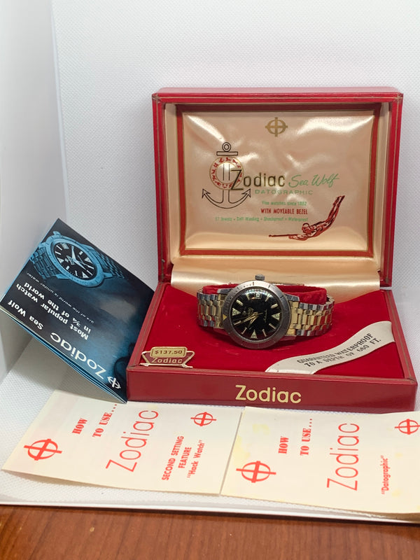 Zodiac Sea Wolf Vintage Automatic Gilt Black Dial Steel Case Original Bracelet Serviced Full Set