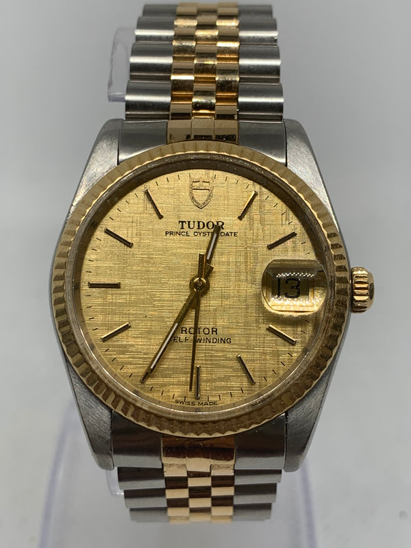 Tudor Prince Oysterdate 74033 Two Tone Automatic Gold Linen Dial Quickset w Box