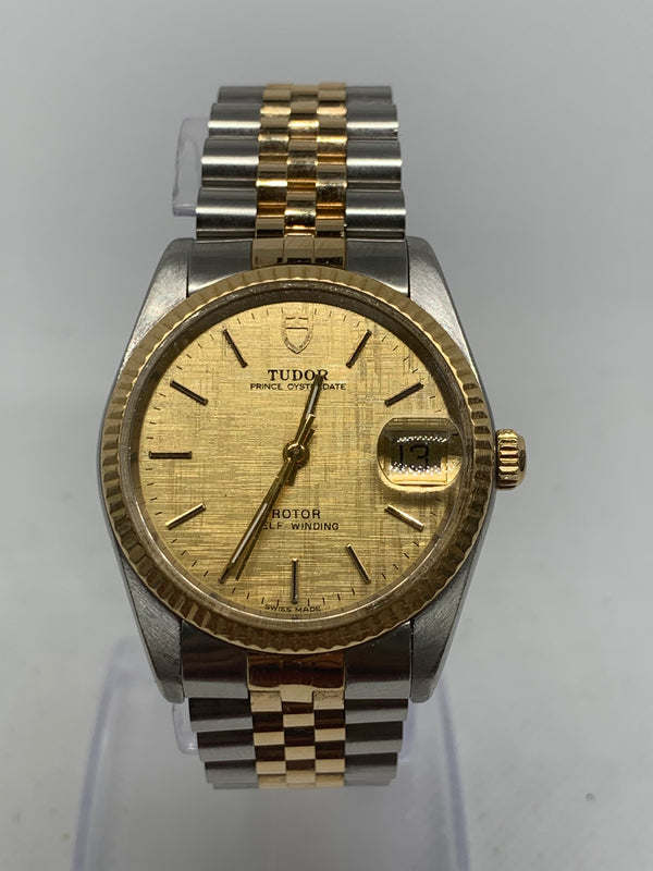 Tudor Prince Oysterdate 74033 Two Tone Automatic Gold Linen Dial Quickset w Box