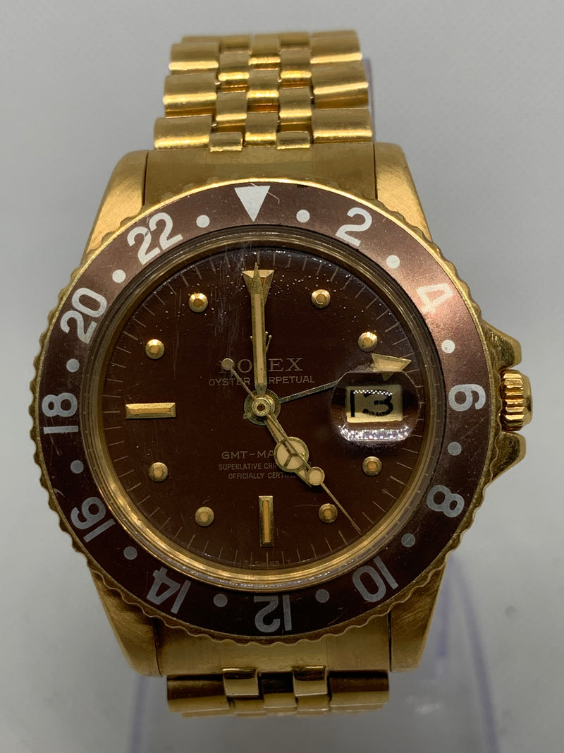 Rolex GMT-Master 1675 Brown Dial 18K Yellow Gold Nipple Dial Mens Watch