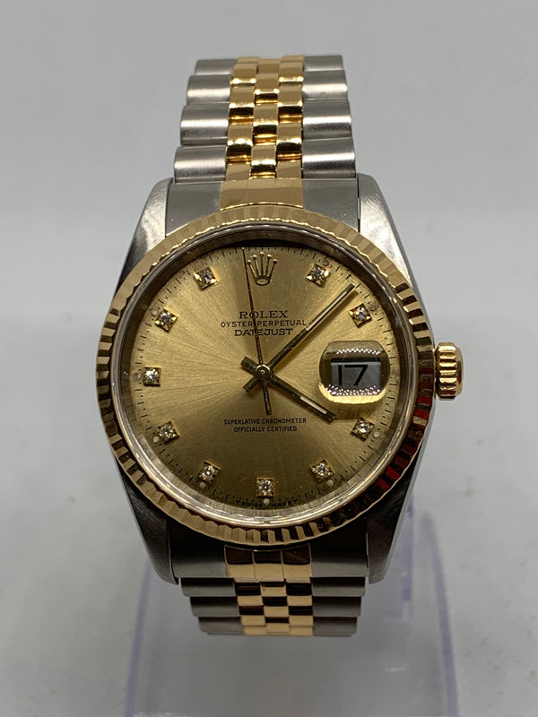 Rolex Datejust 36 Mens Datejust 16233 Factory Diamond Dial 18k Yellow Gold & Steel Watch