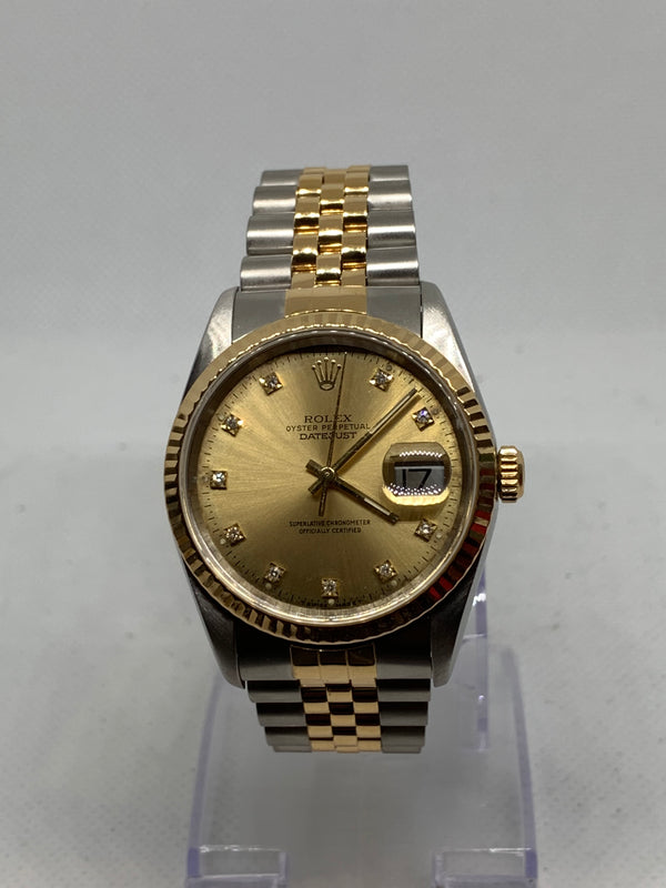 Rolex Datejust 36 Mens Datejust 16233 Factory Diamond Dial 18k Yellow Gold & Steel Watch
