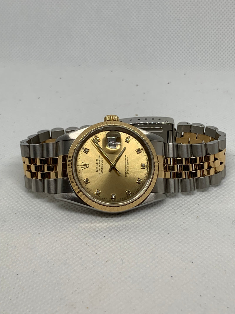 Rolex Datejust 36 Mens Datejust 16233 Factory Diamond Dial 18k Yellow Gold & Steel Watch