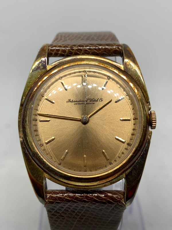IWC mens 18k solid gold cal89 manual wind dress watch c 1950s box patina nos unpolished