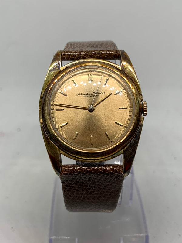 IWC mens 18k solid gold cal89 manual wind dress watch c 1950s box patina nos unpolished