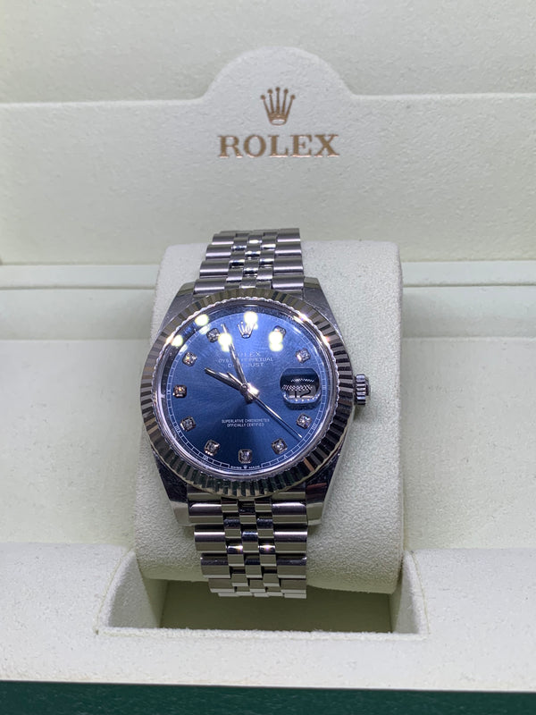 Rolex Datejust 41 Steel Jubilee Bright Blue Diamond Dial 126334 Box