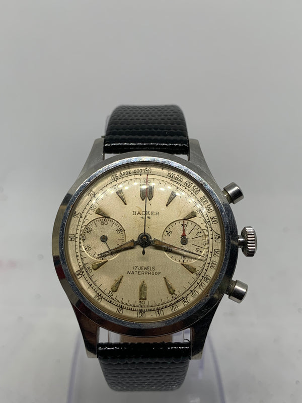 Backer Vintage Landeron 48 Chronograph Watch w/Clamshell Bucherer Case