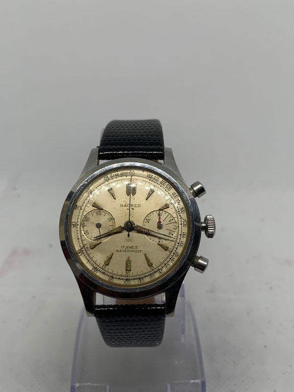Backer Vintage Landeron 48 Chronograph Watch w/Clamshell Bucherer Case