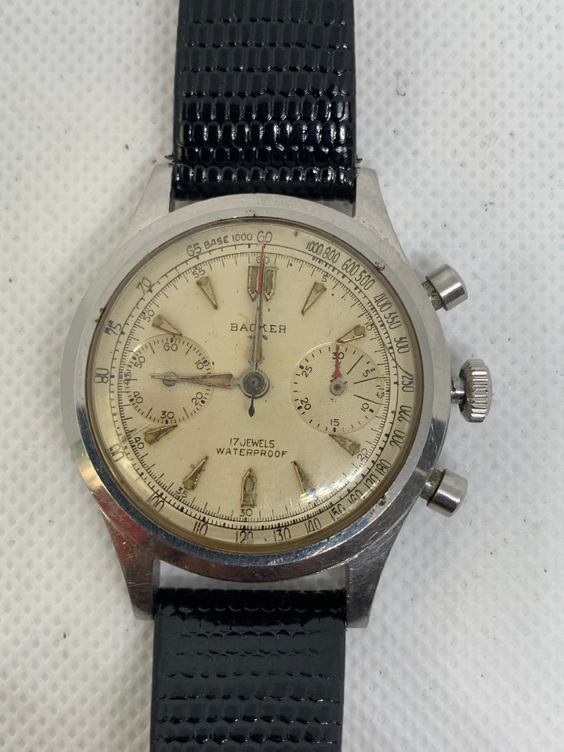 Backer Vintage Landeron 48 Chronograph Watch w/Clamshell Bucherer Case
