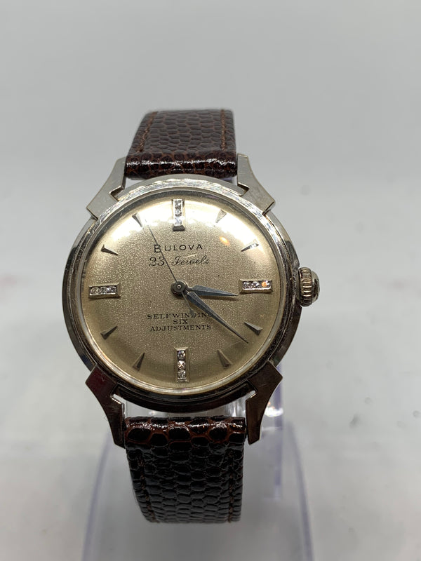 Bulova Diamond Solid 14K White Gold Genuine Diamonds Numbers SelfWinding Fancy Lug Vintage