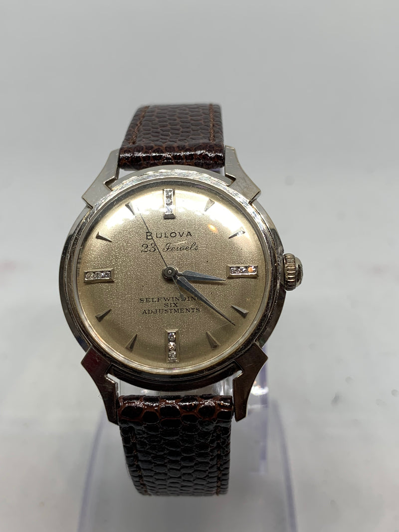 Bulova Diamond Solid 14K White Gold Genuine Diamonds Numbers SelfWinding Fancy Lug Vintage