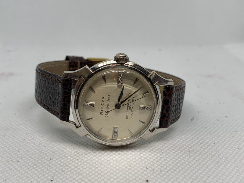 Bulova Diamond Solid 14K White Gold Genuine Diamonds Numbers SelfWinding Fancy Lug Vintage