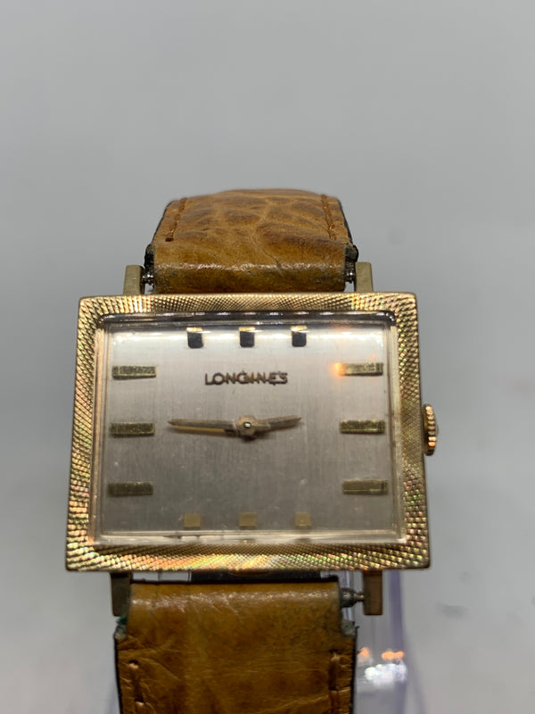 Longines Art Deco from 1950s 14K Solid Gold Tank Fancy Guilloche Case Watch