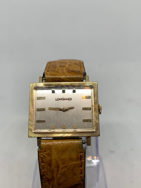 Longines Art Deco from 1950s 14K Solid Gold Tank Fancy Guilloche Case Watch