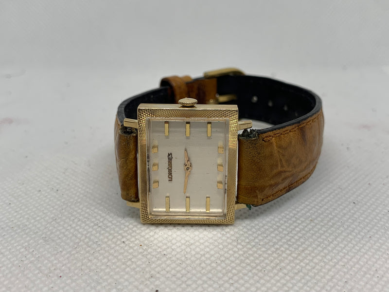 Longines Art Deco from 1950s 14K Solid Gold Tank Fancy Guilloche Case Watch