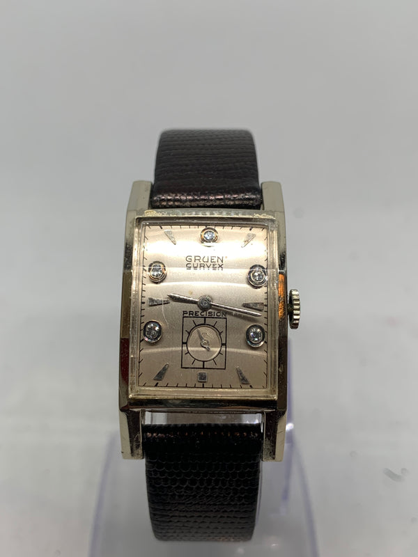 Gruen Curvex Precision Solid 14K White Gold Art Deco Genuine Diamond Excellent Condition