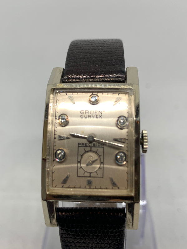 Gruen Curvex Precision Solid 14K White Gold Art Deco Genuine Diamond Excellent Condition
