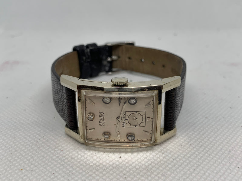 Gruen Curvex Precision Solid 14K White Gold Art Deco Genuine Diamond Excellent Condition