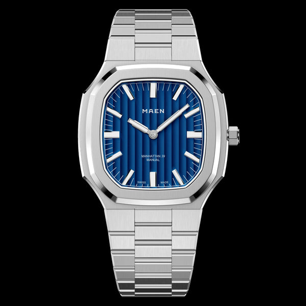 Maen Manhattan 39 Ultra Thin Manual Watch Midnight Blue Dial Swiss Box & Papers Full set