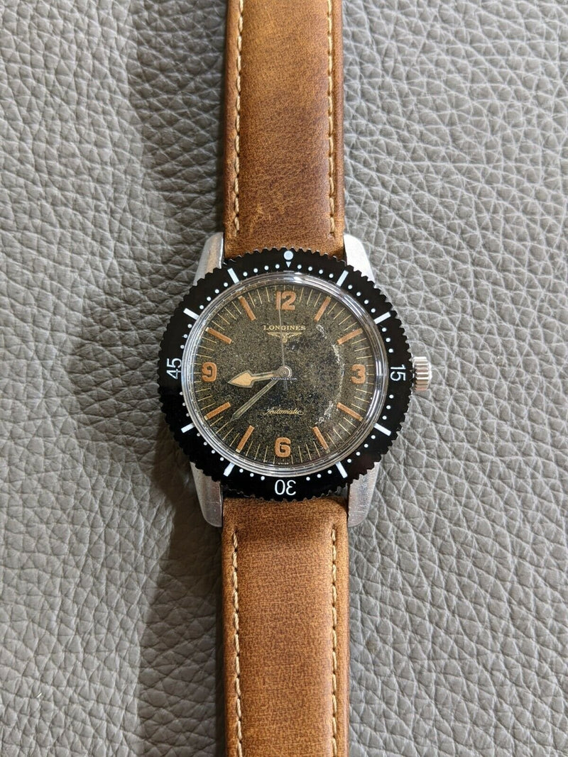 longines very rare vintage nautilus tropical dial 6921-1 skin diver 40mm auto wristwatch