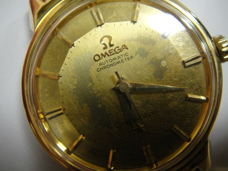 omega vintage constellation pie pan dial deluxe 1960,s auto 18k solid gold serviced box