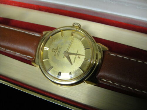 omega vintage constellation pie pan dial deluxe 1960,s auto 18k solid gold serviced box