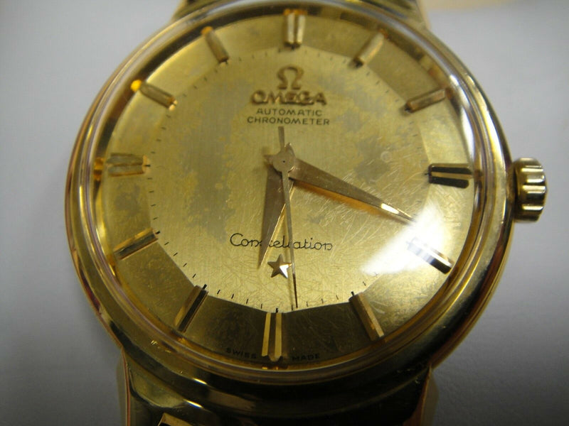 omega vintage constellation pie pan dial deluxe 1960,s auto 18k solid gold serviced box